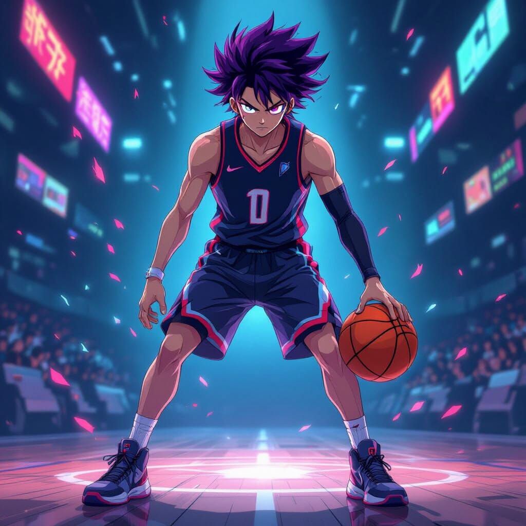 Imposing Anime Basketball Player in Neon Futurism Style