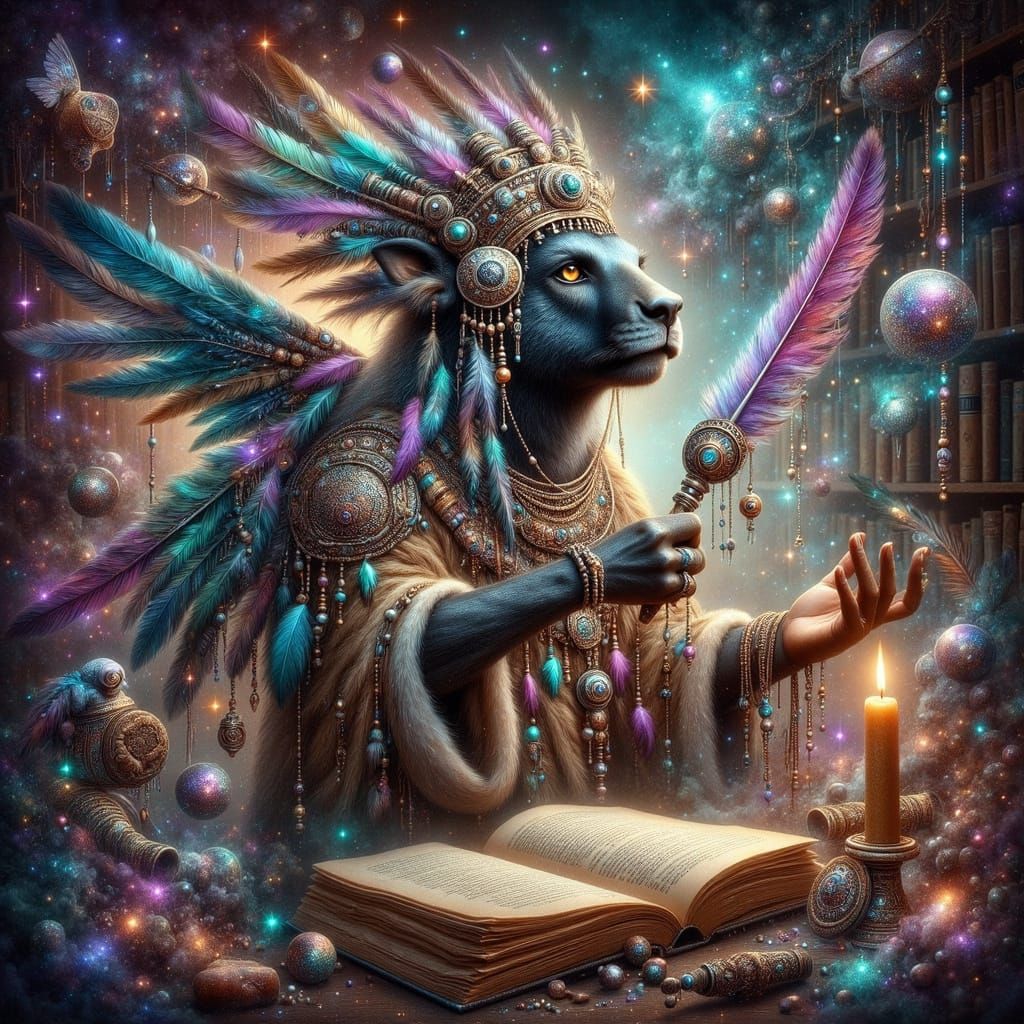 Mystic Deity of Books and Stories in Vibrant Aura