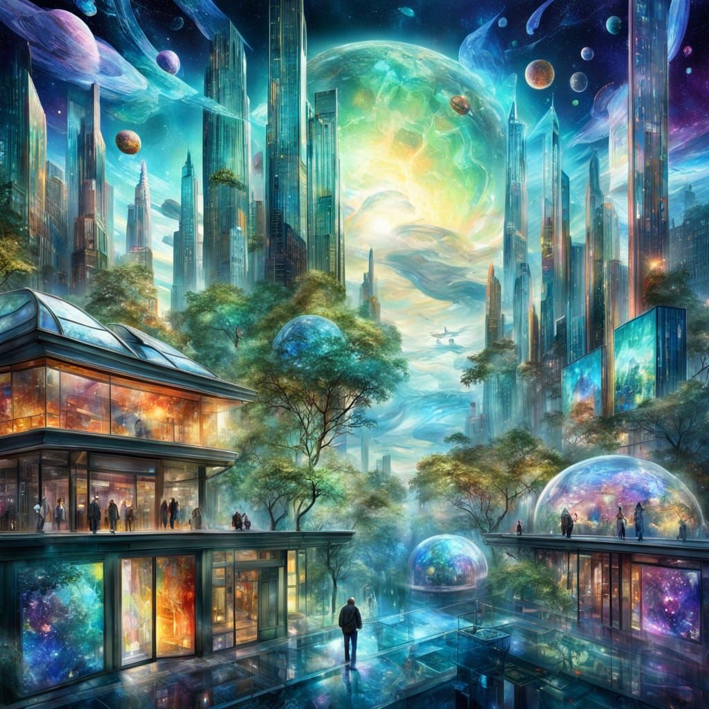 Ecological Cityscape in Vibrant Cosmic Art
