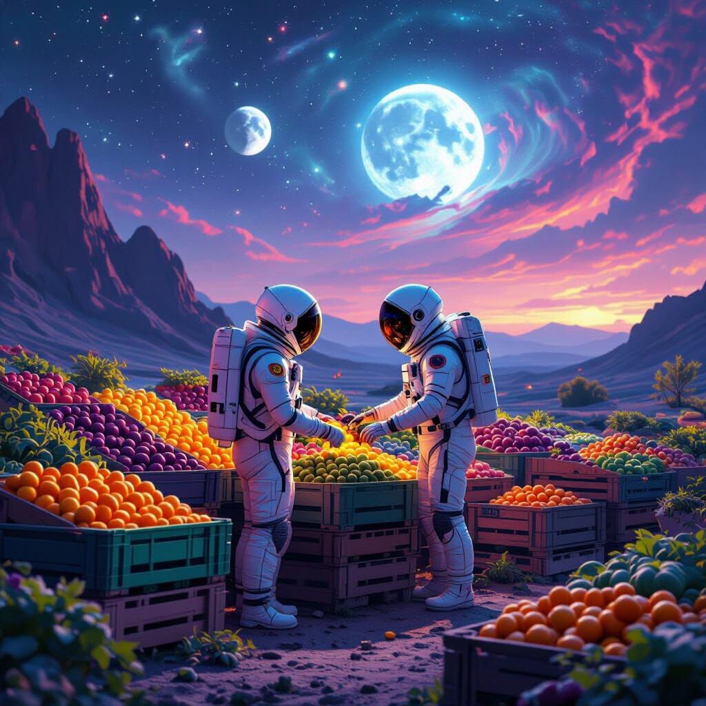 Astronaut's Alien Farmstand: Hyperrealistic Sci-Fi Art