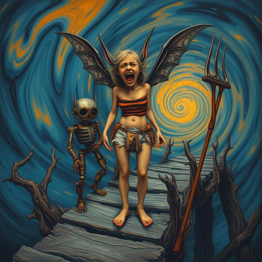 An intensely emotive anthropomorphic screaming (  female bat-winged  fairy  wearing a orange and black striped  tube top...