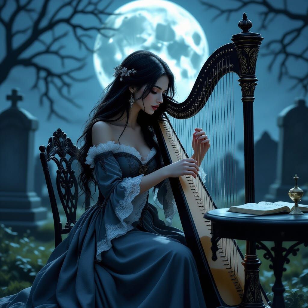Ethereal Lady Plays Celtic Harp in Moonlit Graveyard