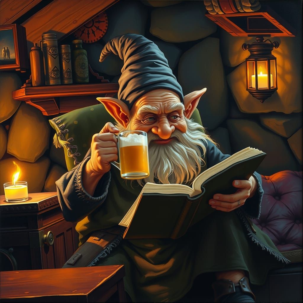 Gnome Reading Book of Spells in Cozy Tavern