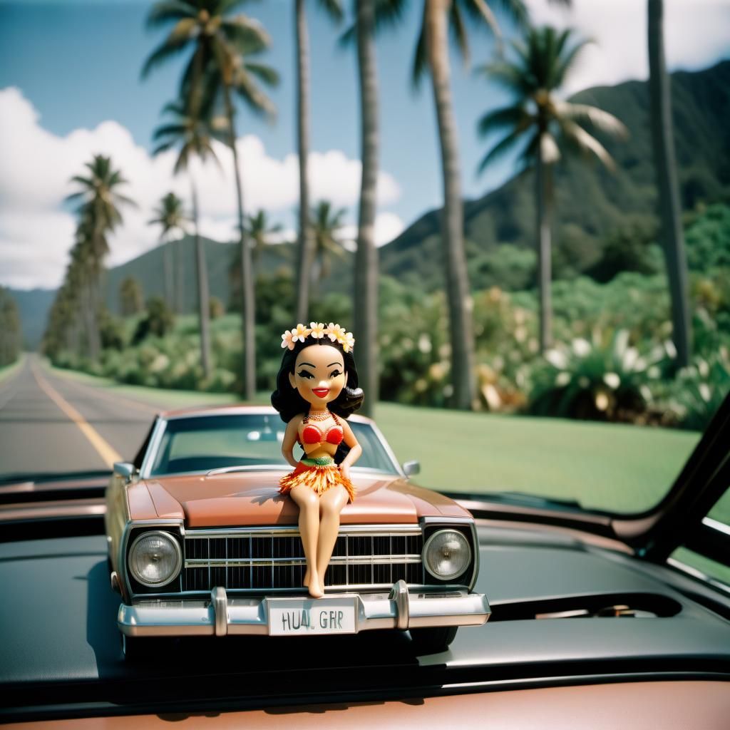 Hula Girl Bobblehead: Retro Polaroid Car Photo