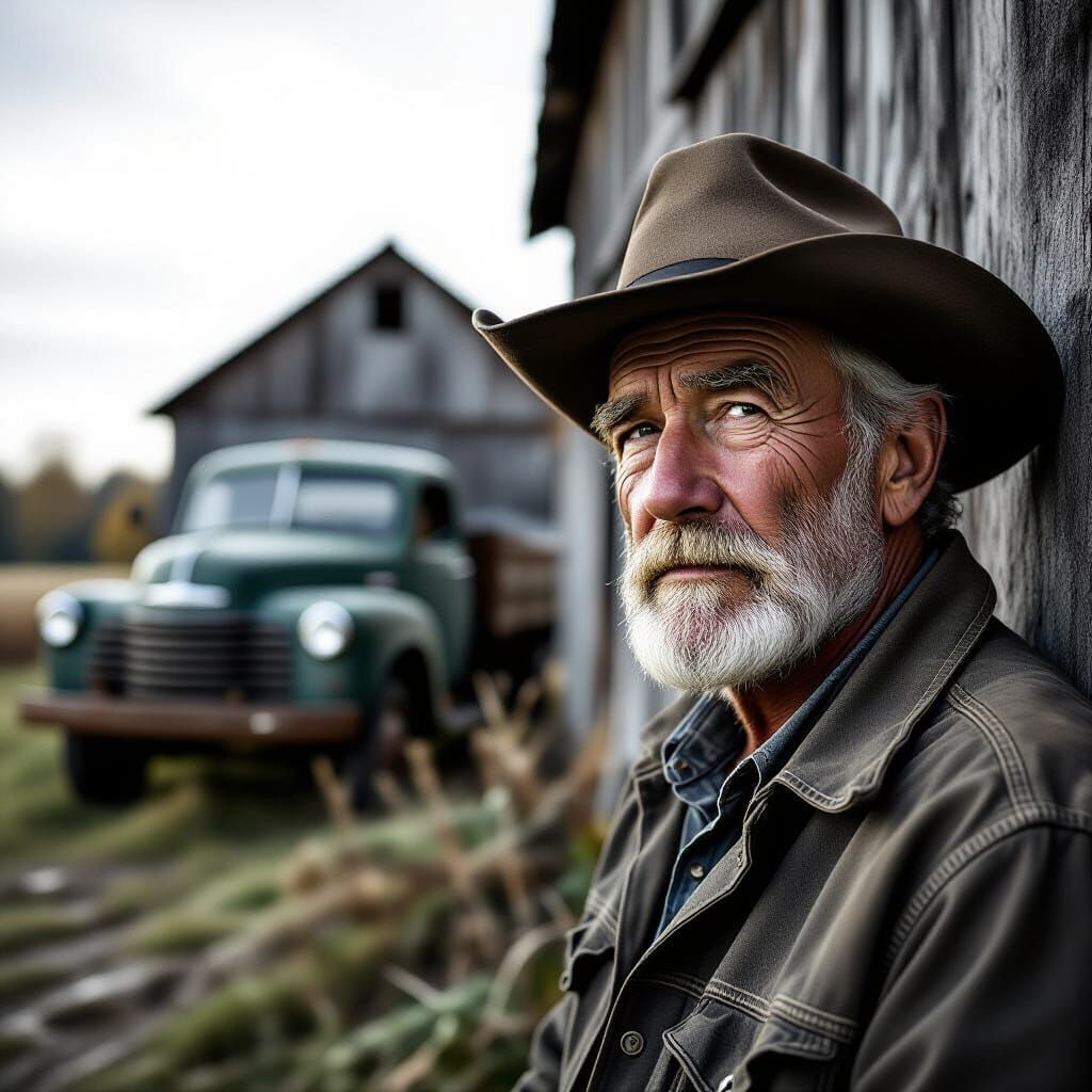 Weathered Barn and Truck in Gritty Black and White