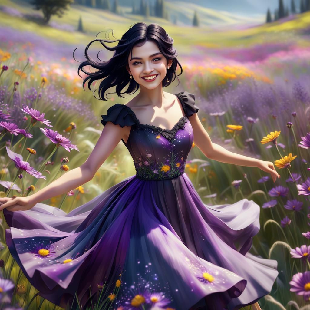 Teen Girl in Meadow with Purple Dress, Fantasy Art