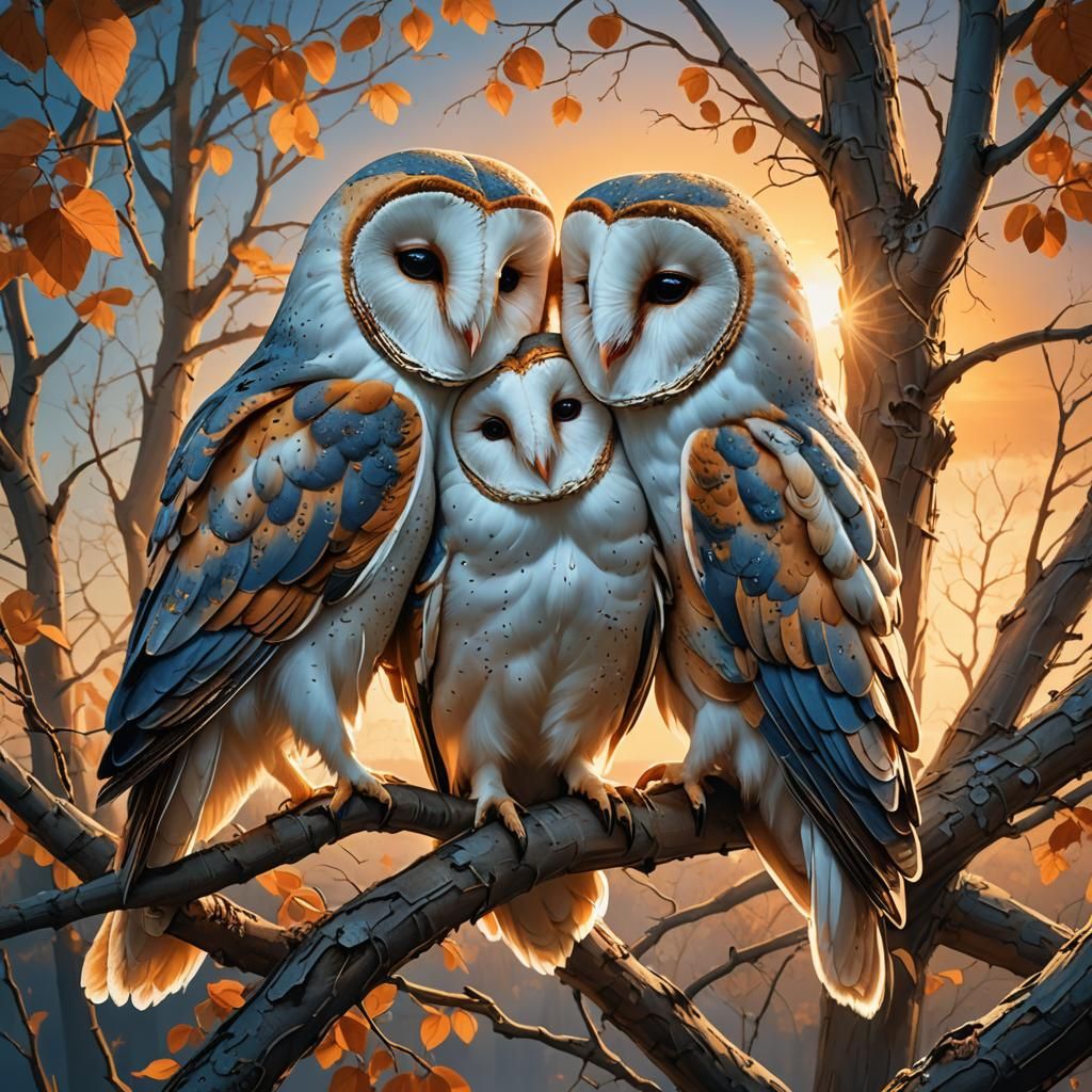 Barn Owl Couple at Sunset: Digital Matte Painting