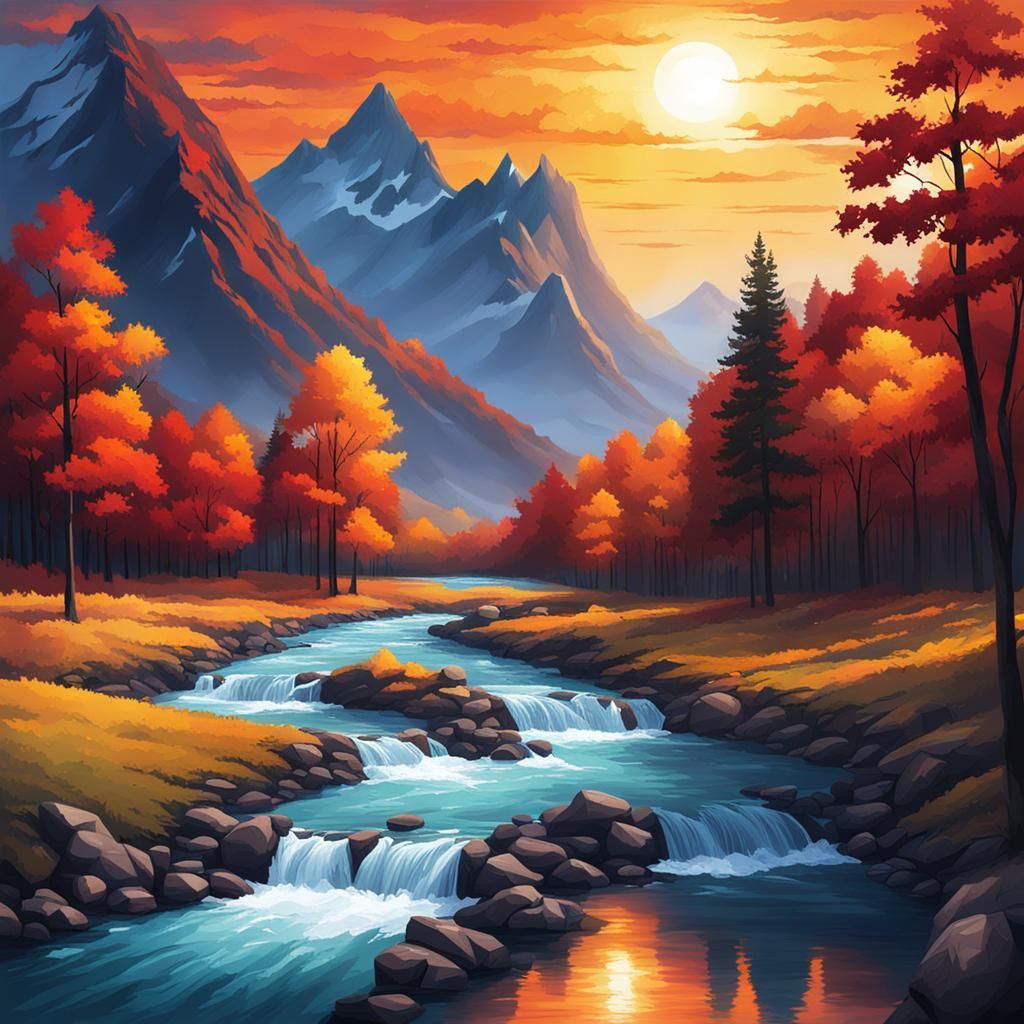 Vibrant Mountain River Landscape in Sunny Scenery