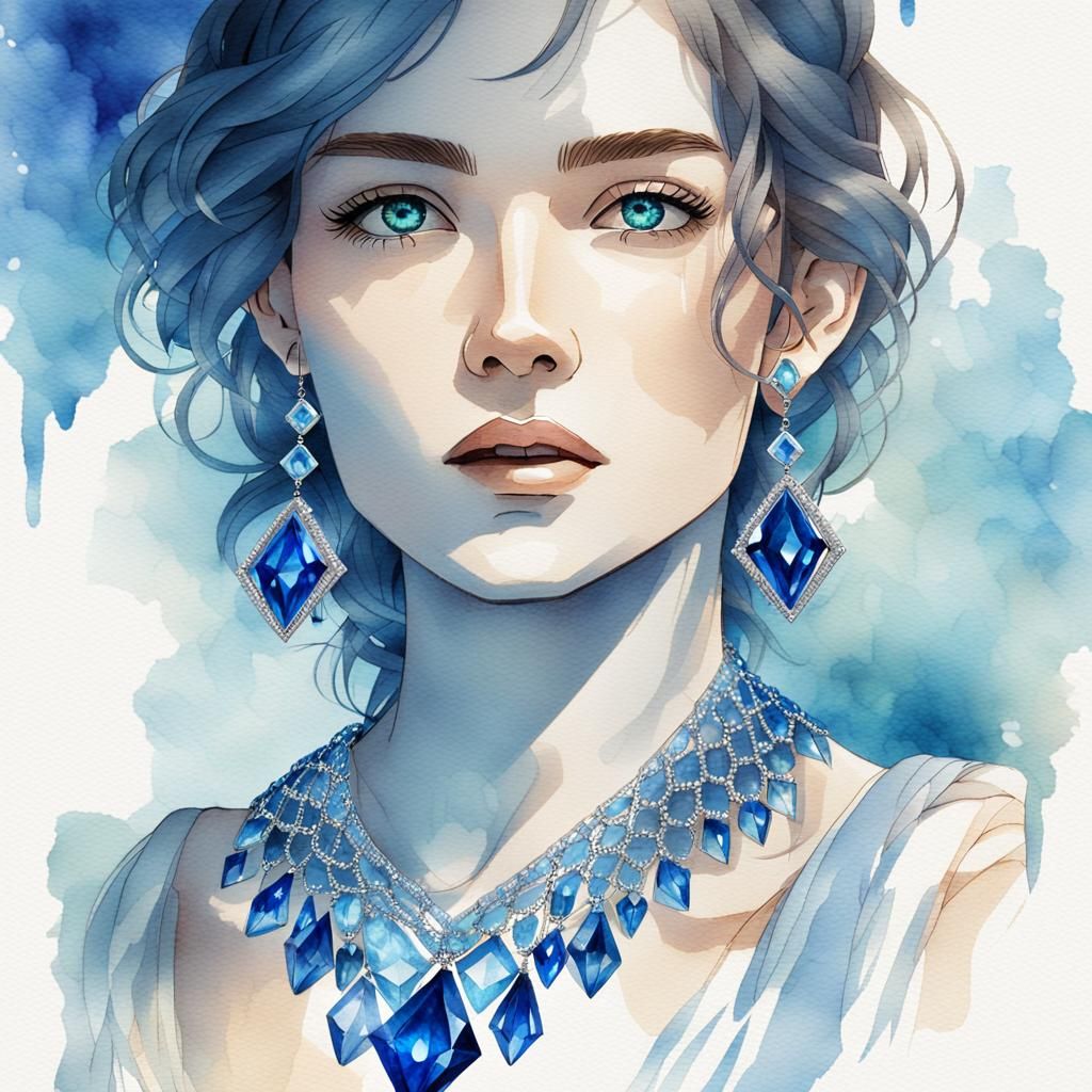 Sapphire Necklace: Anime Portrait in Watercolor Style
