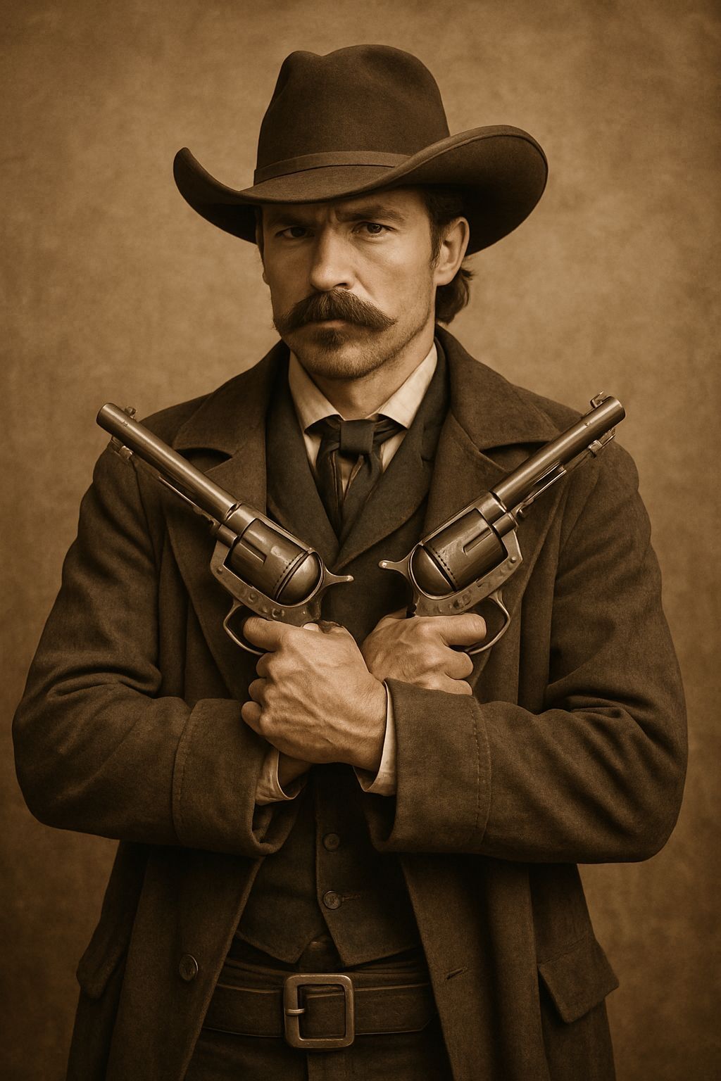 Old Western Gunslinger Poses with Revolvers