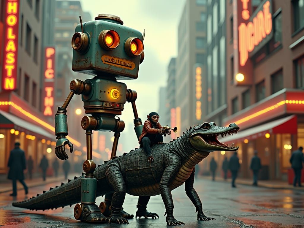 Steampunk Robot Walks Alligator in Retro Cityscape