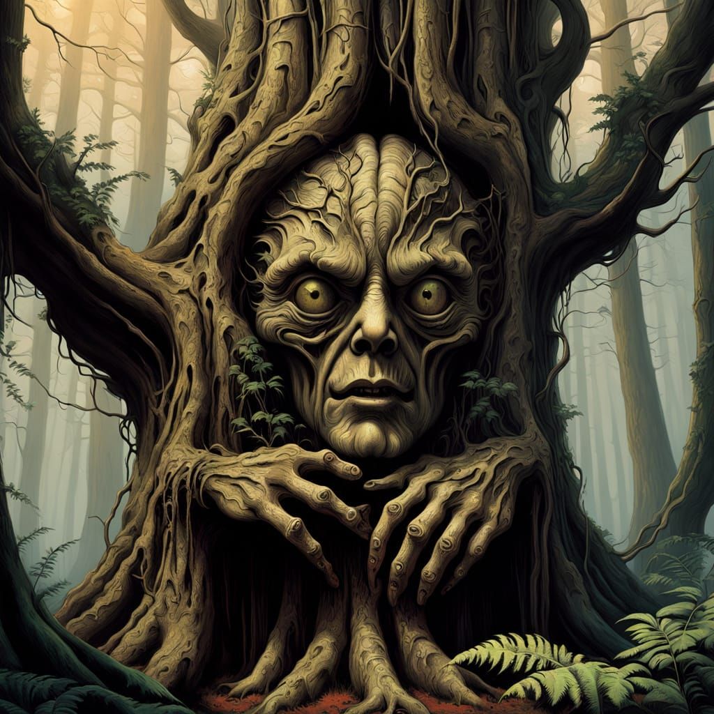 Ancient Woodland Guardian Unfolds from Tree Hollow