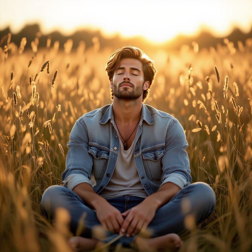 Meditative Male Model in Sun-Drenched Golden Field