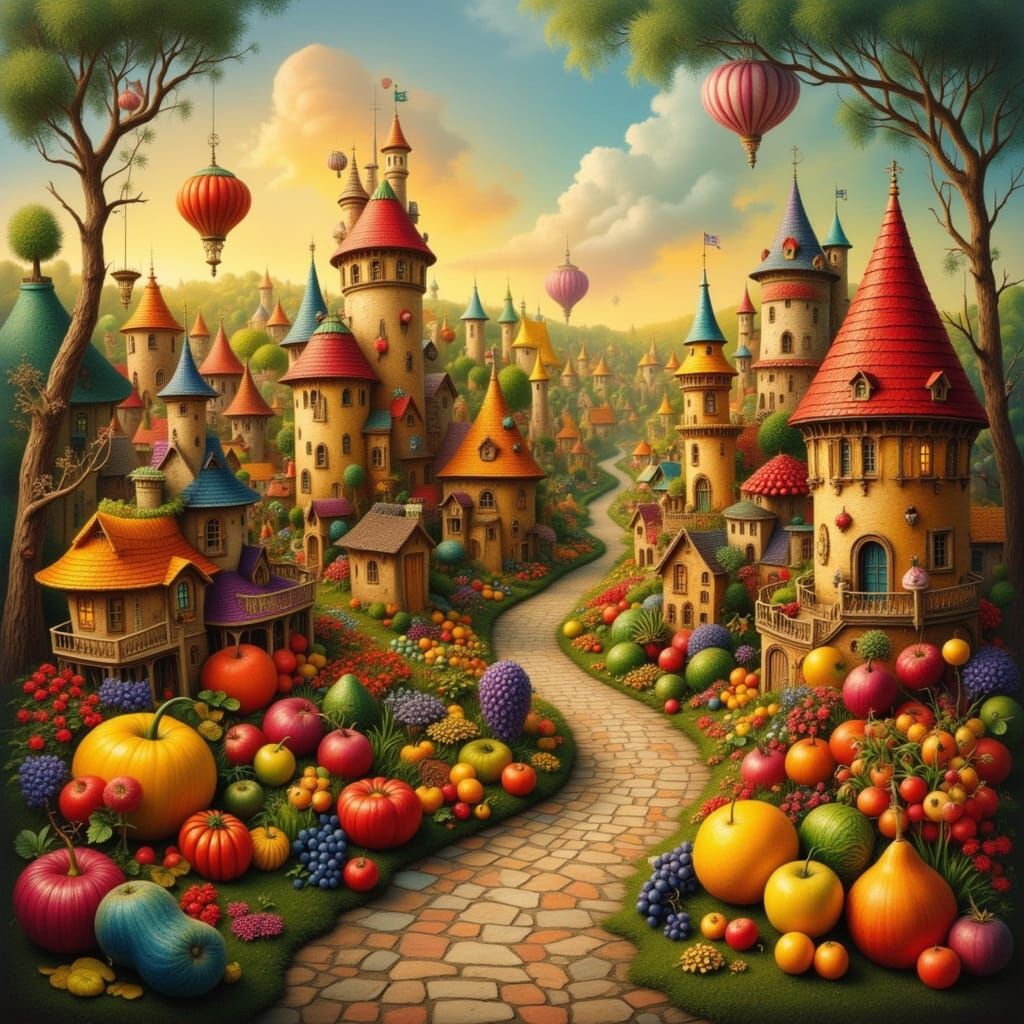 Fruitopia City at Golden Hour in Folk Art Style