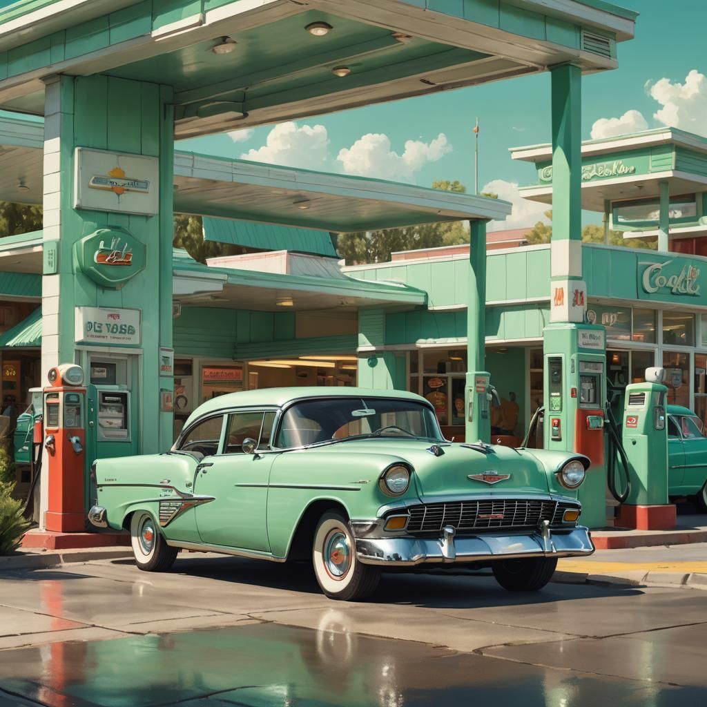 Mint Green 1956 Chevrolet V8 in Gouache Style