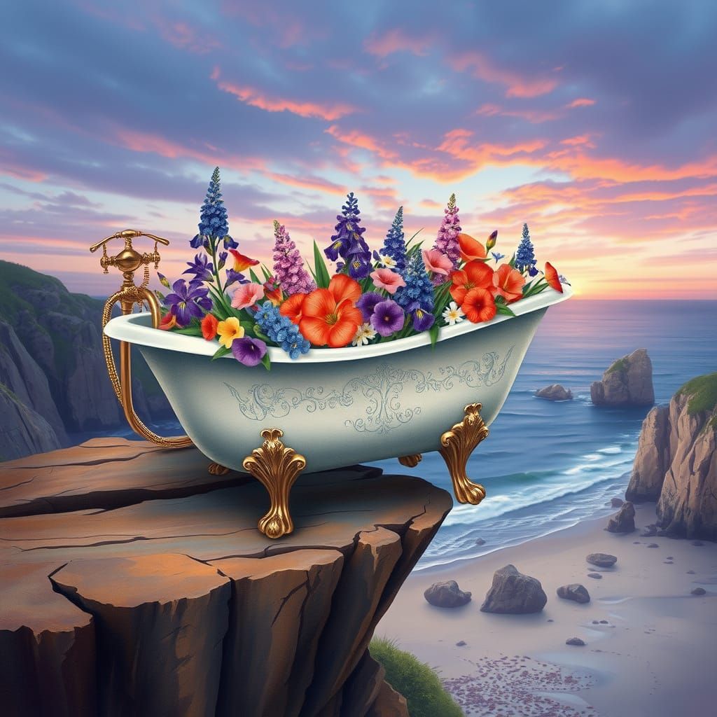 Antique Bath Overflows with Vibrant Flowers on a Cliffside B...