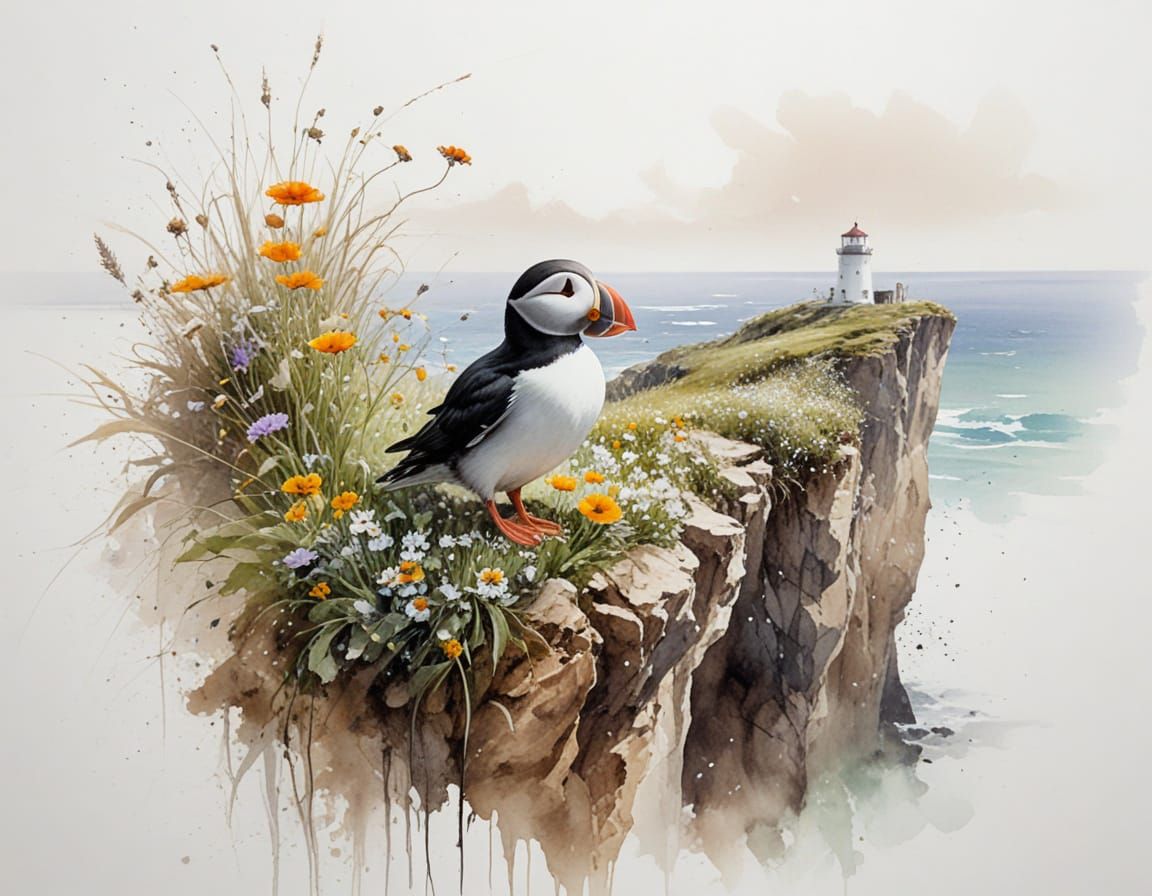 Puffin on Wildflower Cliff Overlooking Crashing Waves