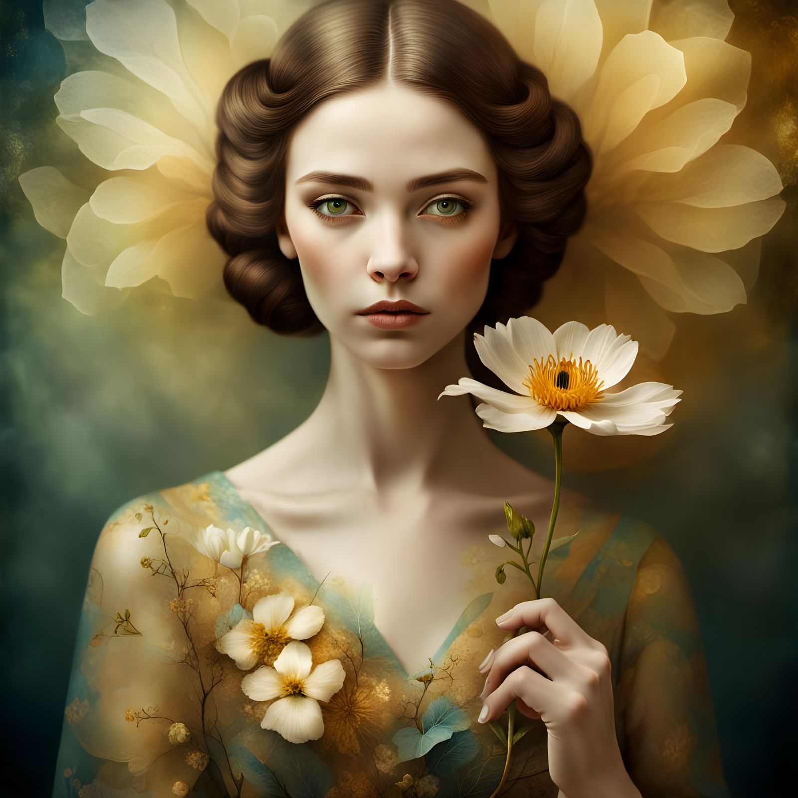 Christian Schloe paintings style, a woman with a flower, haz...