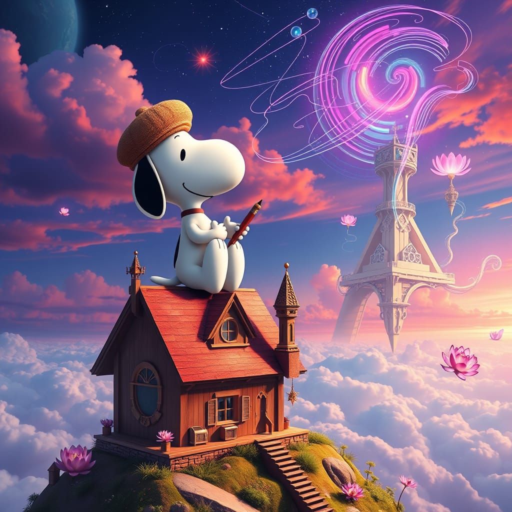 Snoopy as the Architect of Dreams in a Surreal, Escher-Inspi...