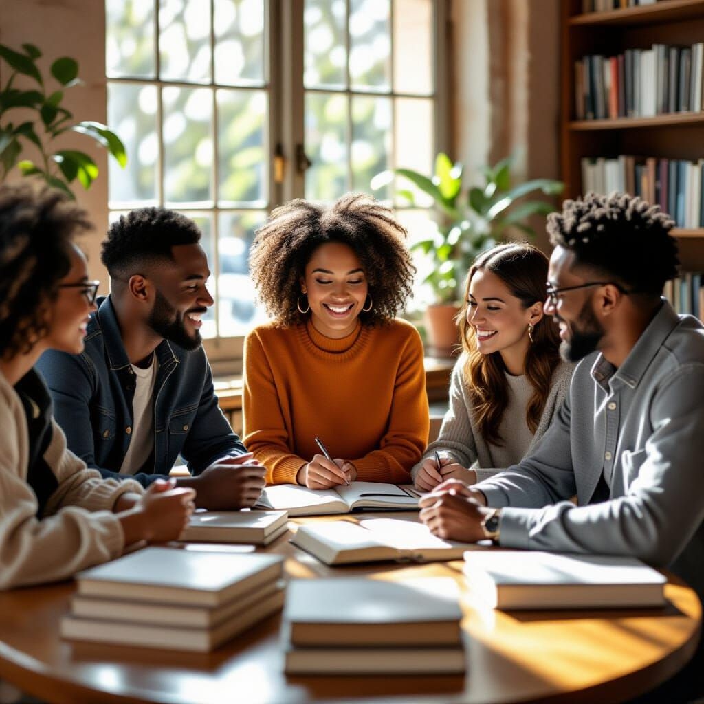 Friends Gathered Around Books in Sun-Drenched Library