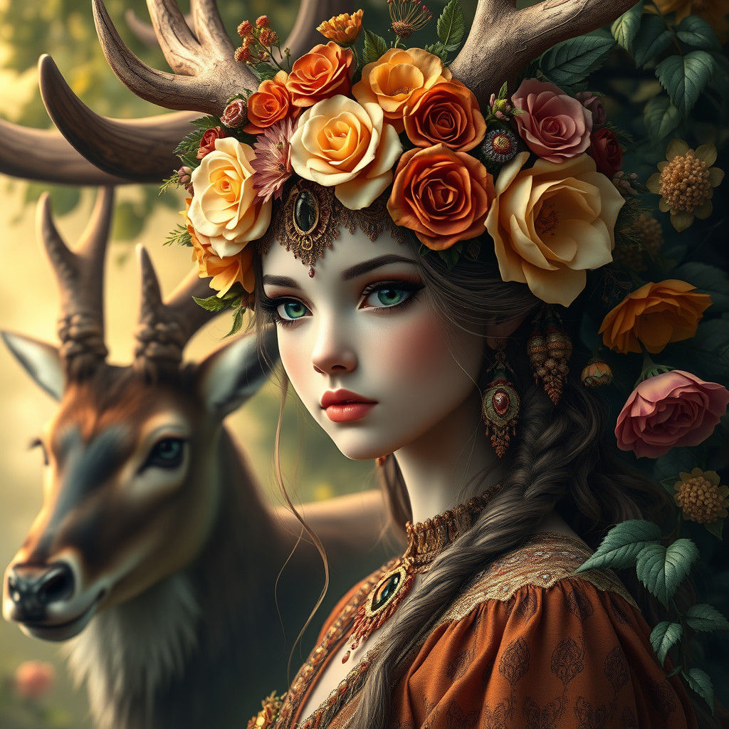 Fantasy Flower Girl and Elk Portrait in Art Nouveau Style