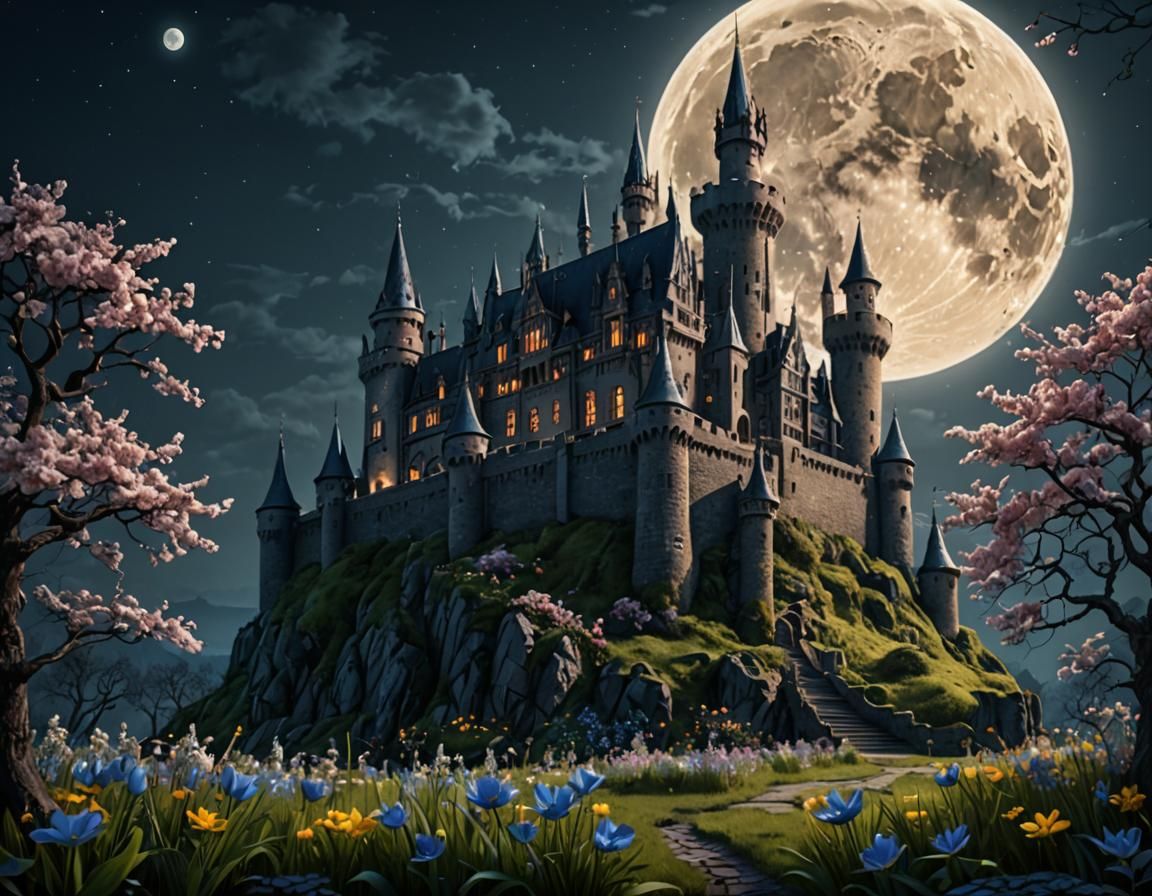 Moonlit Castle with Spring Flowers: Fantasy Concept Art