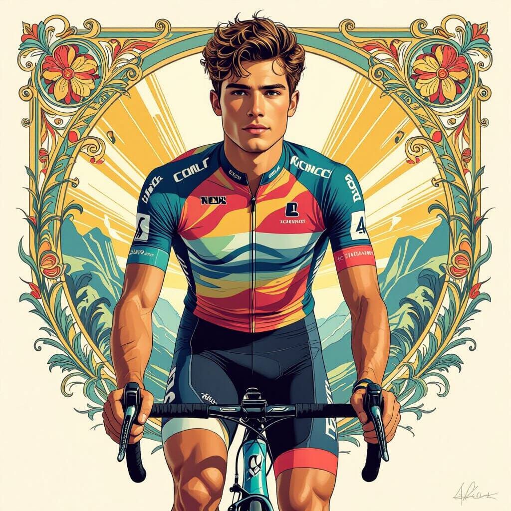 Tour de France Cyclist in Ornate Art Nouveau Style