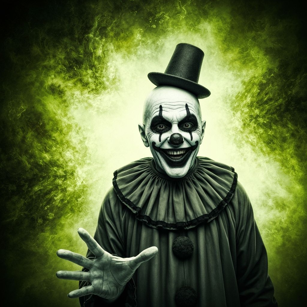 Grotesque Clown Face Emerging from Vortex in Gouache Paintin...