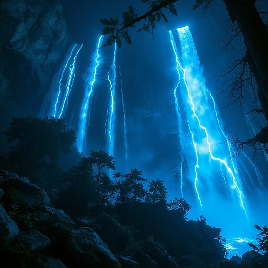 Majestic Bioluminescent Waterfall in Ethereal Style
