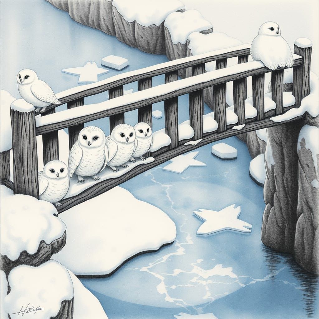 Whimsical White Owls Crossing a Snowy Winter Bridge
