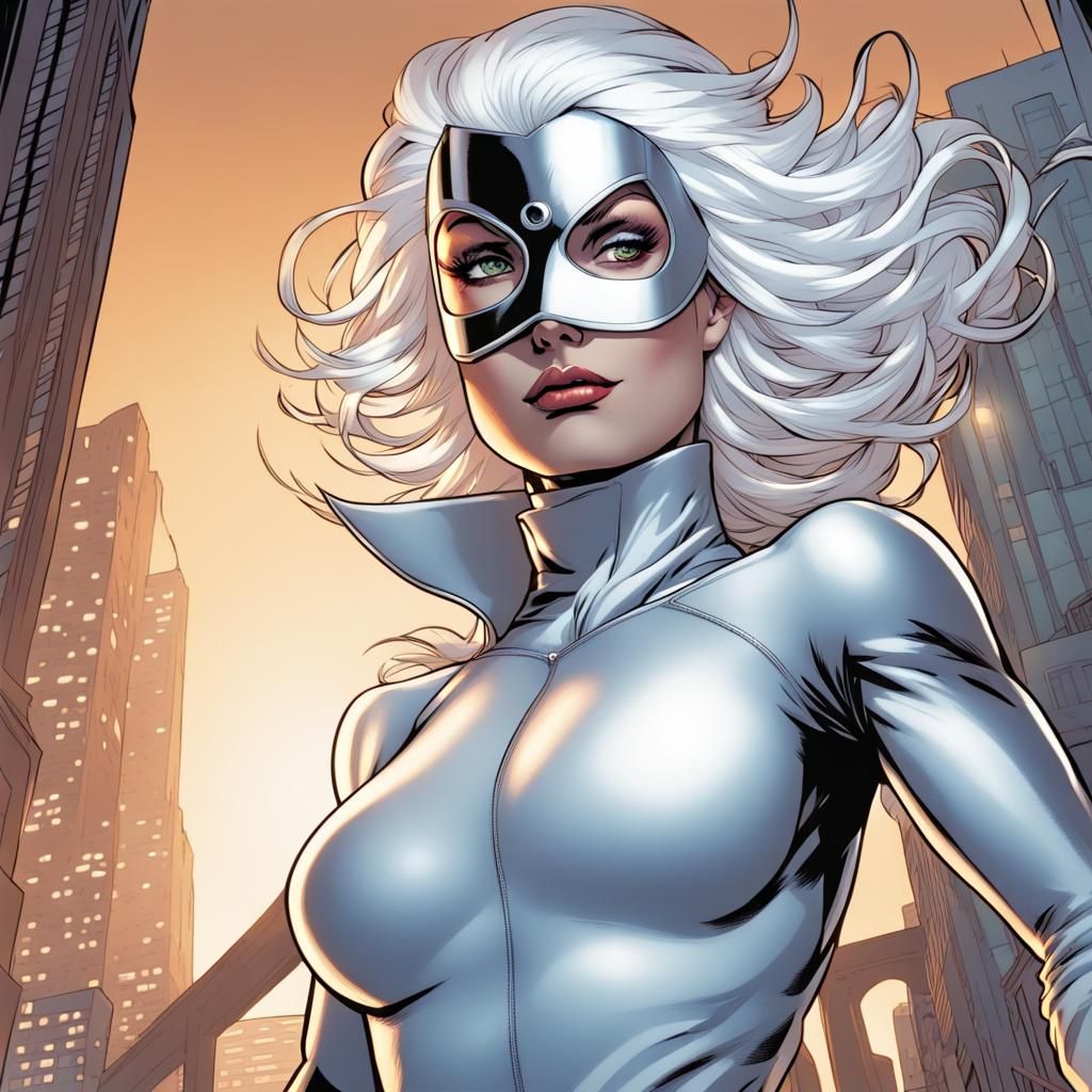 White-Haired Superheroine in Comic Book Art Style