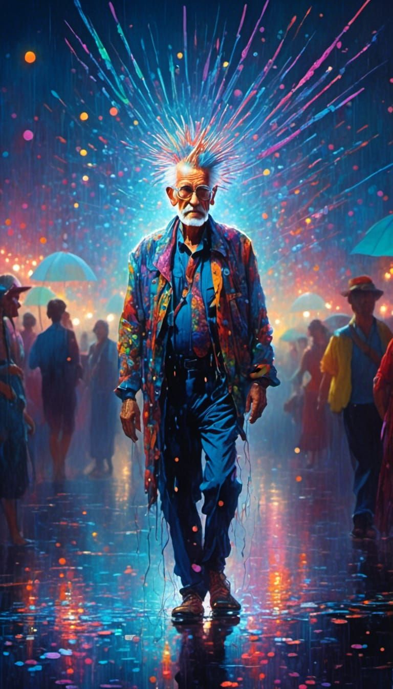 Grandpa Raves in Bioluminescent Rain: Maximalist Portrait
