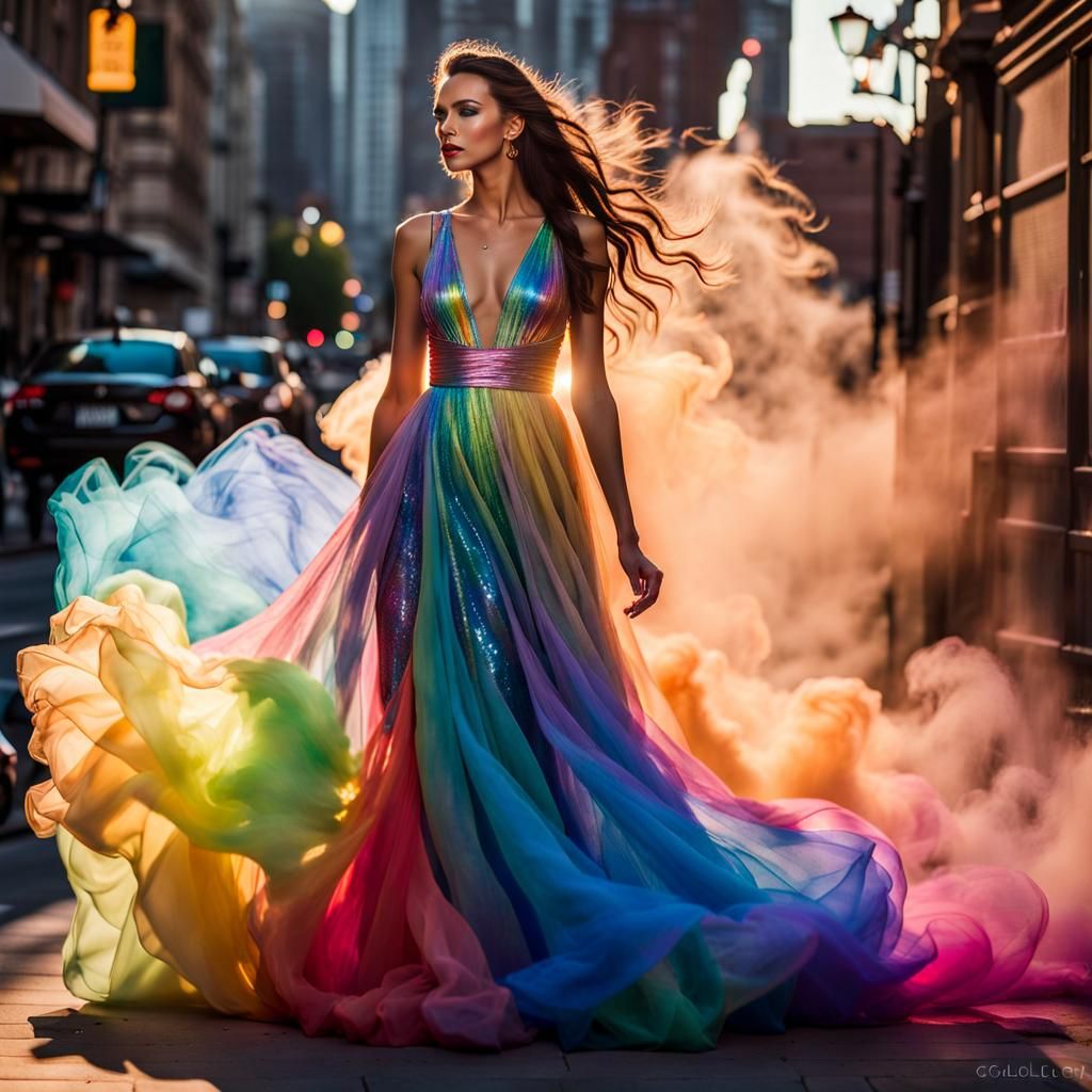 Woman in Rainbow Smoke Gown Walking City Street