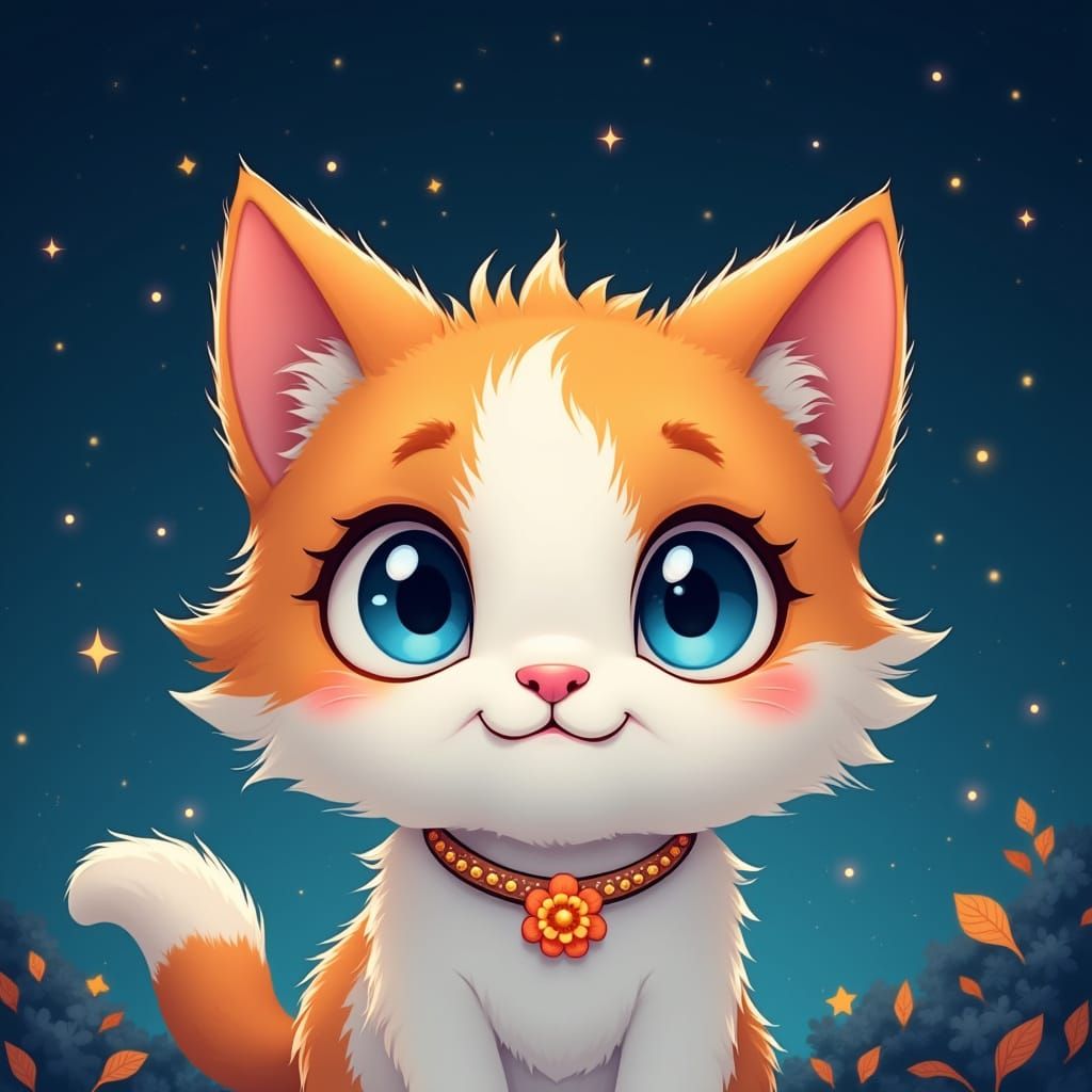 Cartoon Cat in Starry Night Sky