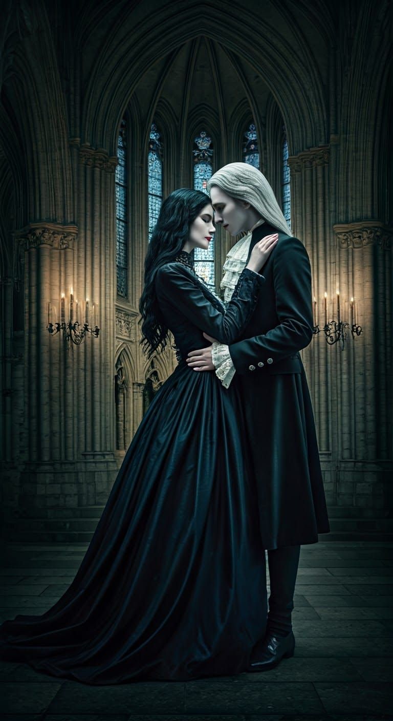 Ethereal Vampire Couple in Gothic Cathedral