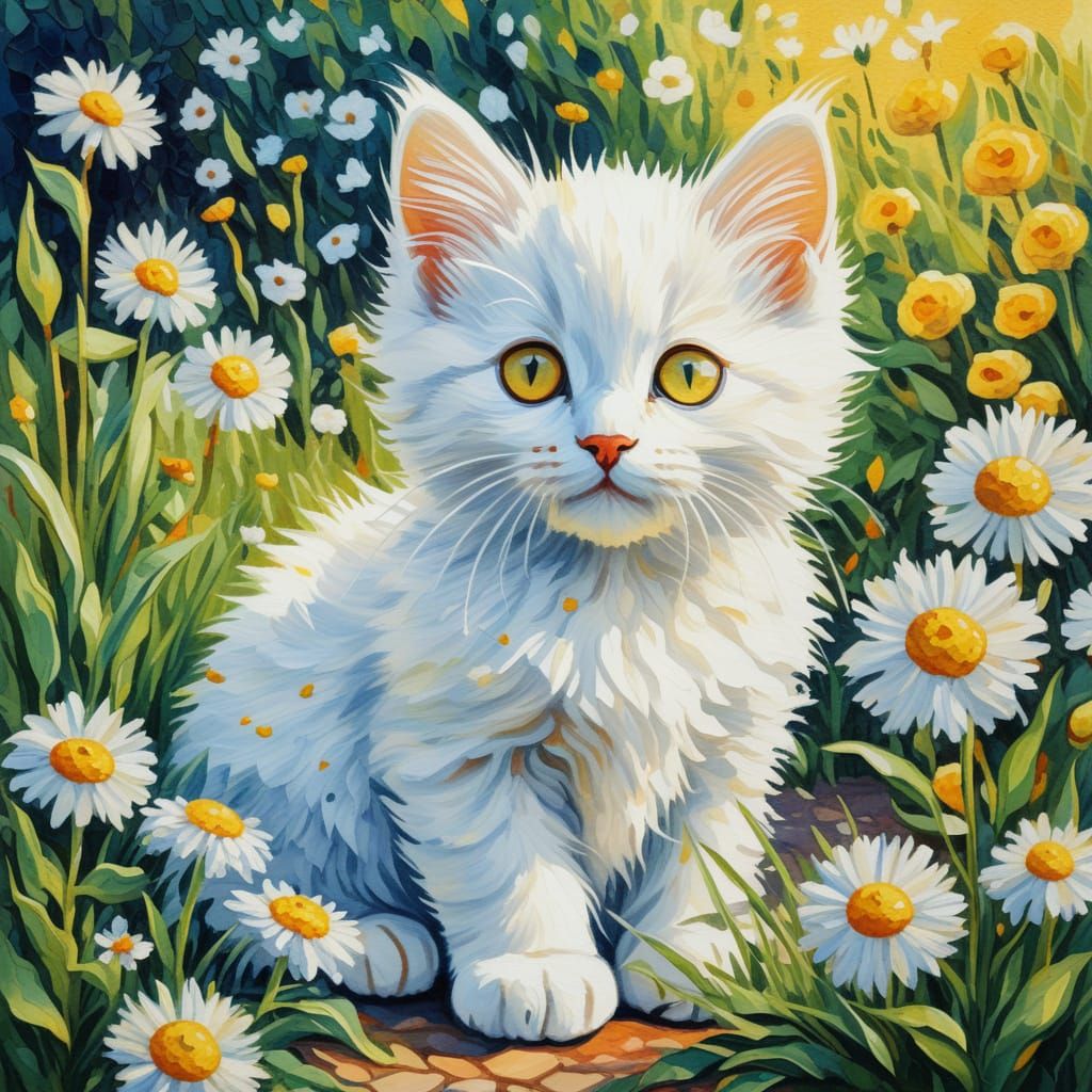 Fluffy Kitten in Blooming Garden Watercolor Neo-Impressionis...