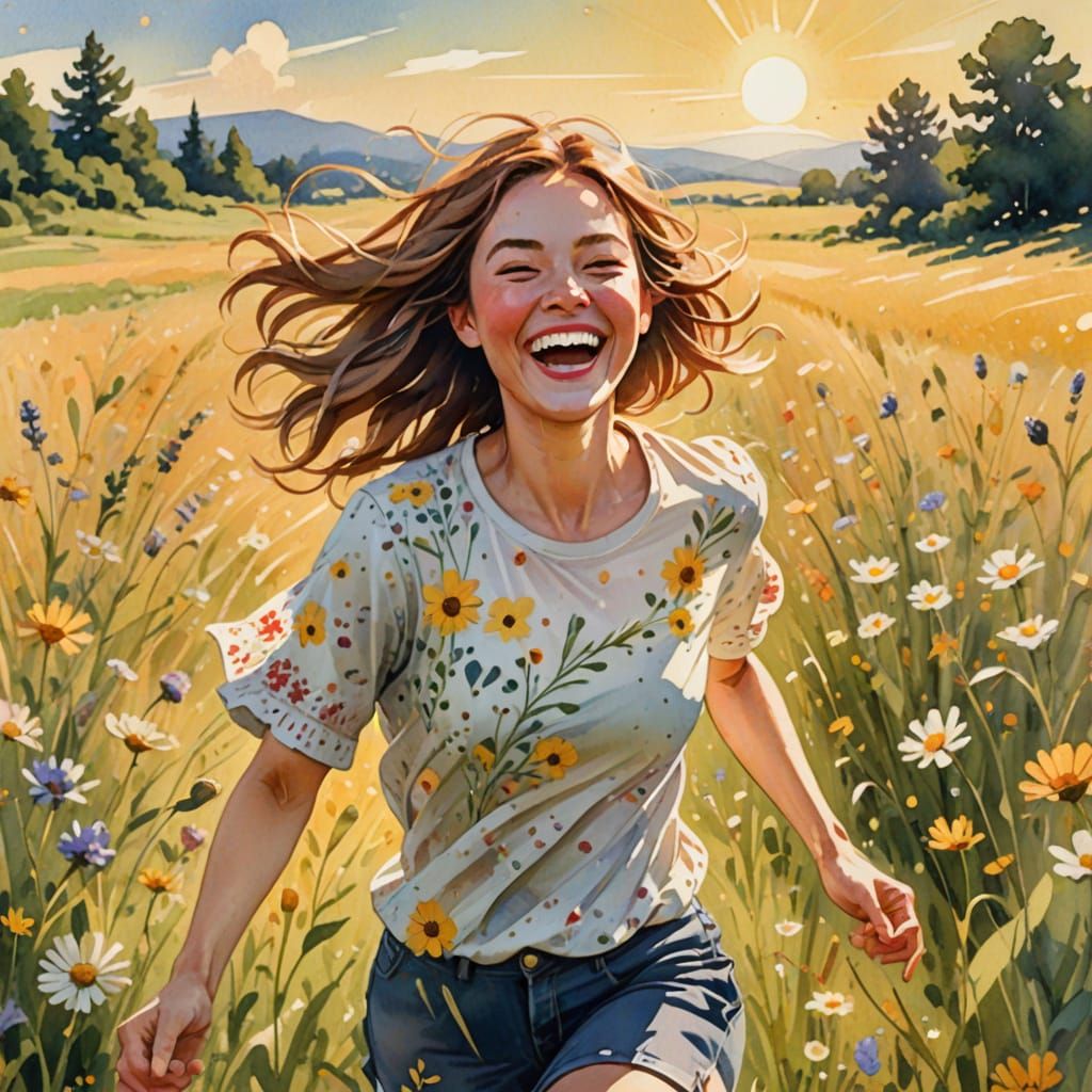 Girl Laughing in Wildflower Field: Watercolor Illustration
