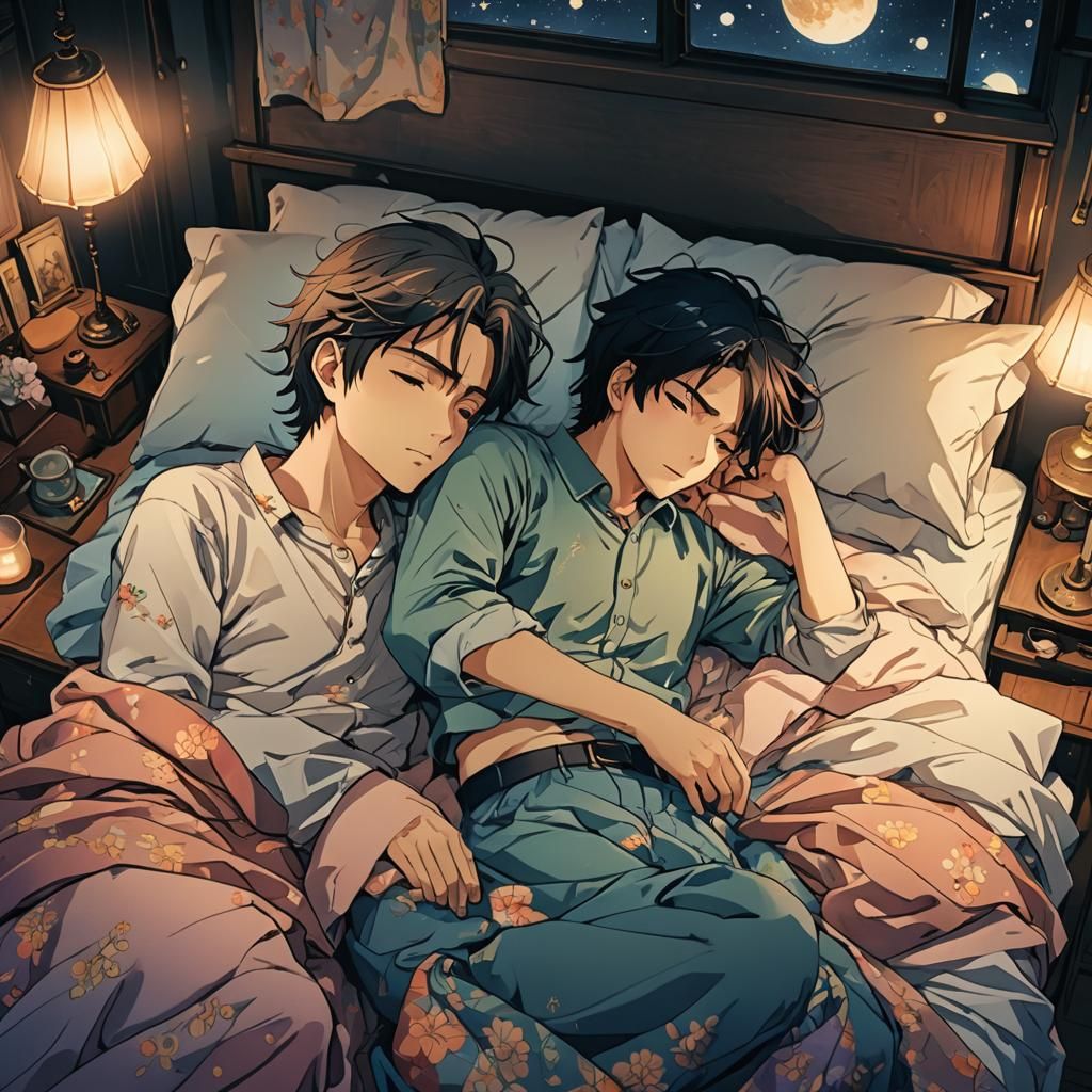Manga Style Couple Sleeping in Dim Bedroom