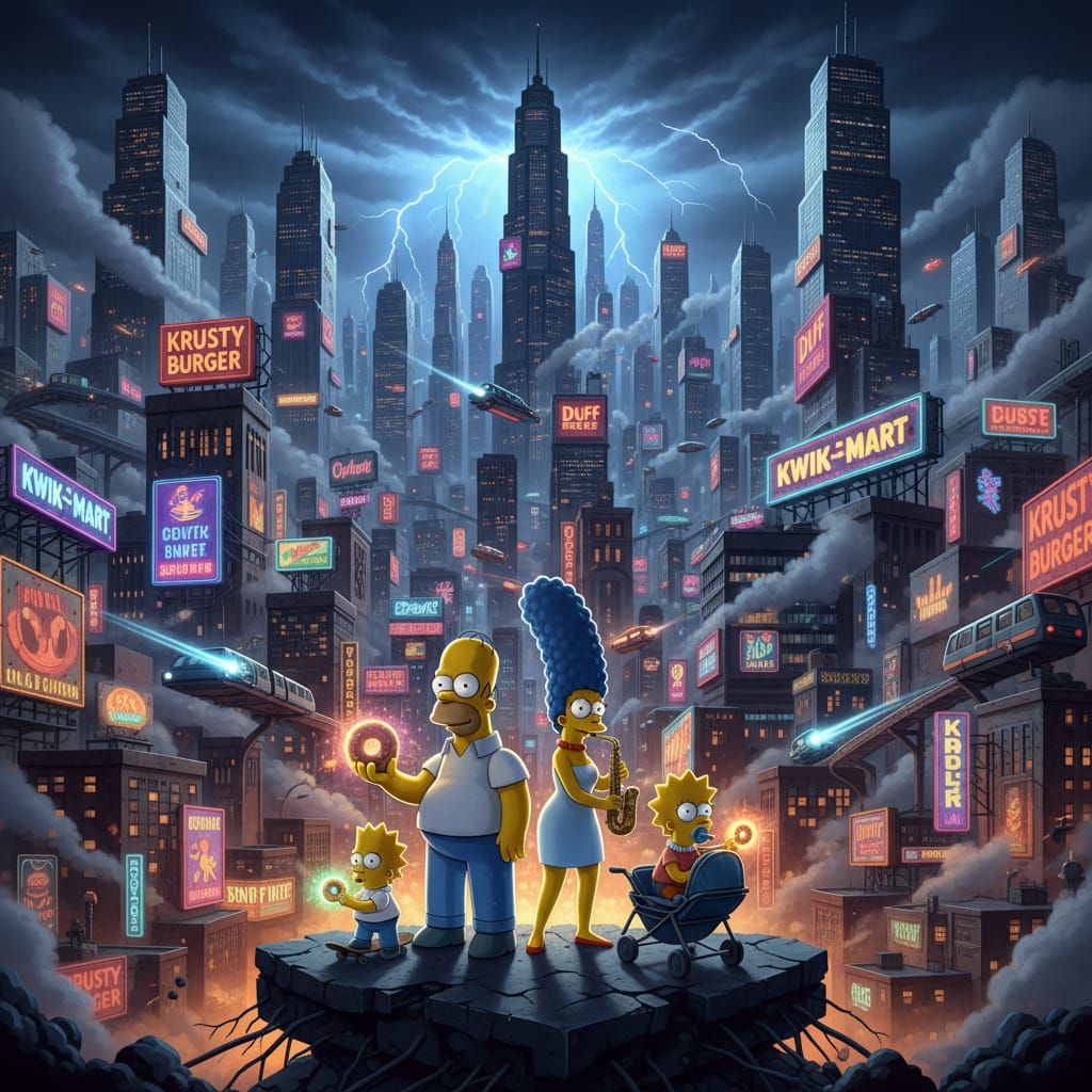 The Simpsons in a Maximalist Cyberpunk Cityscape