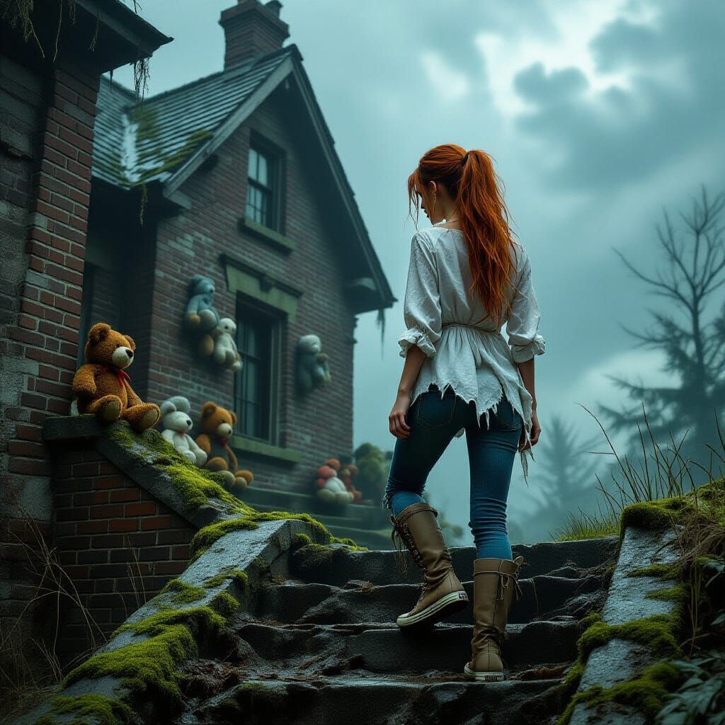 Ember-Haired Woman Ascends to Weathered House