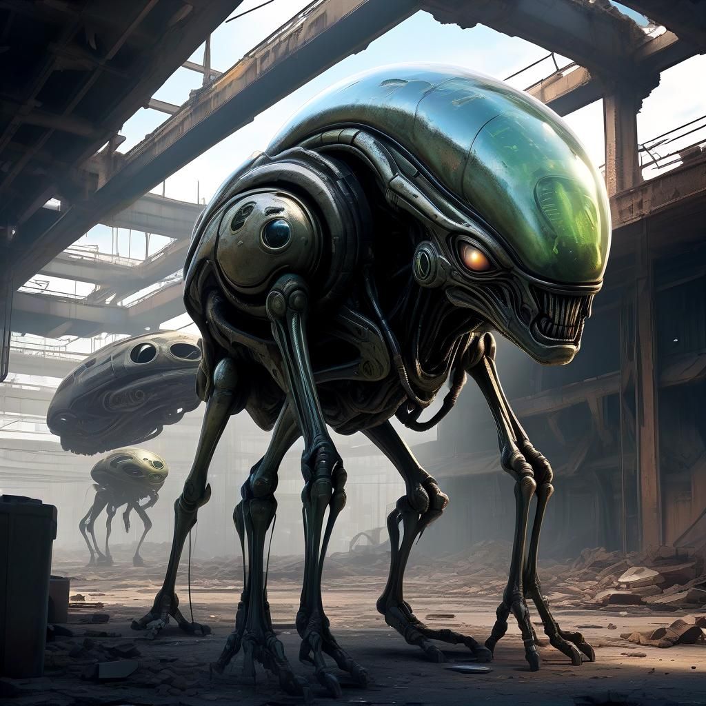Anime Alien in Dystopian Sci-Fi Landscape