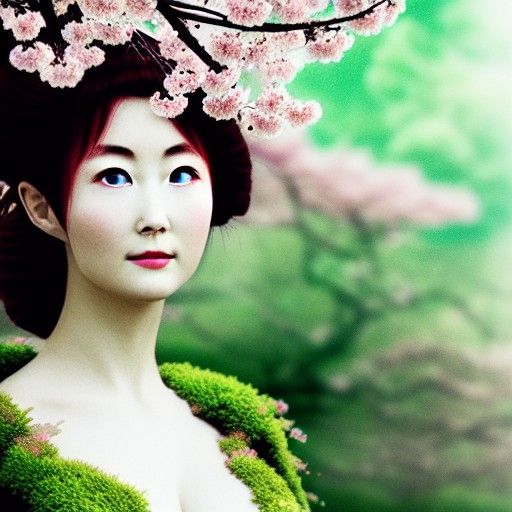 Sakura Tree Dryad Spirit Emerges from Blossoms