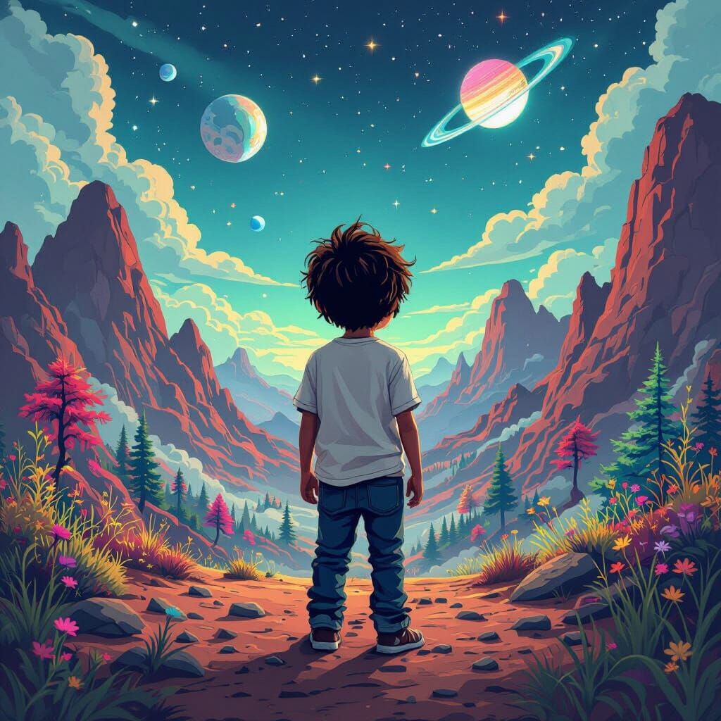 Confused Boy on Alien Planet: Surreal Digital Art