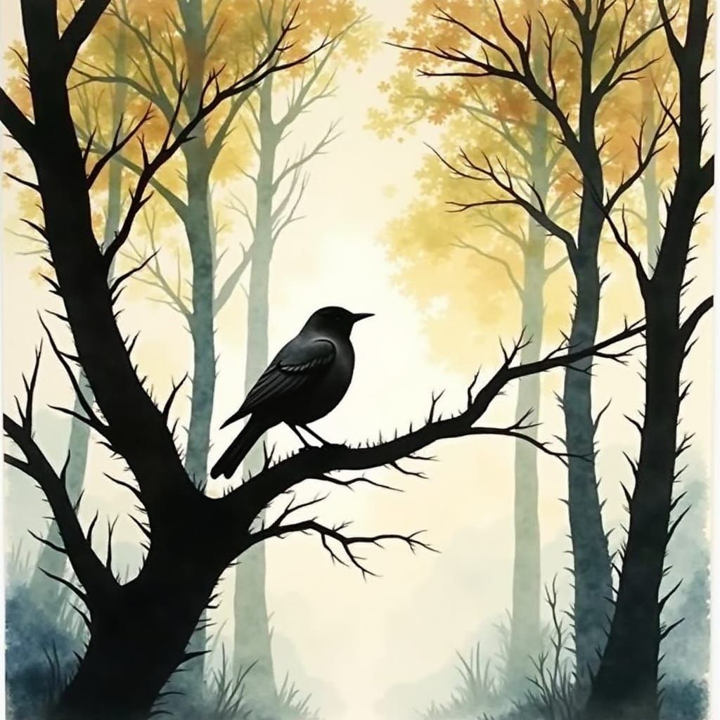 Bird Silhouette in Mystical Forest, Fantasy Watercolor
