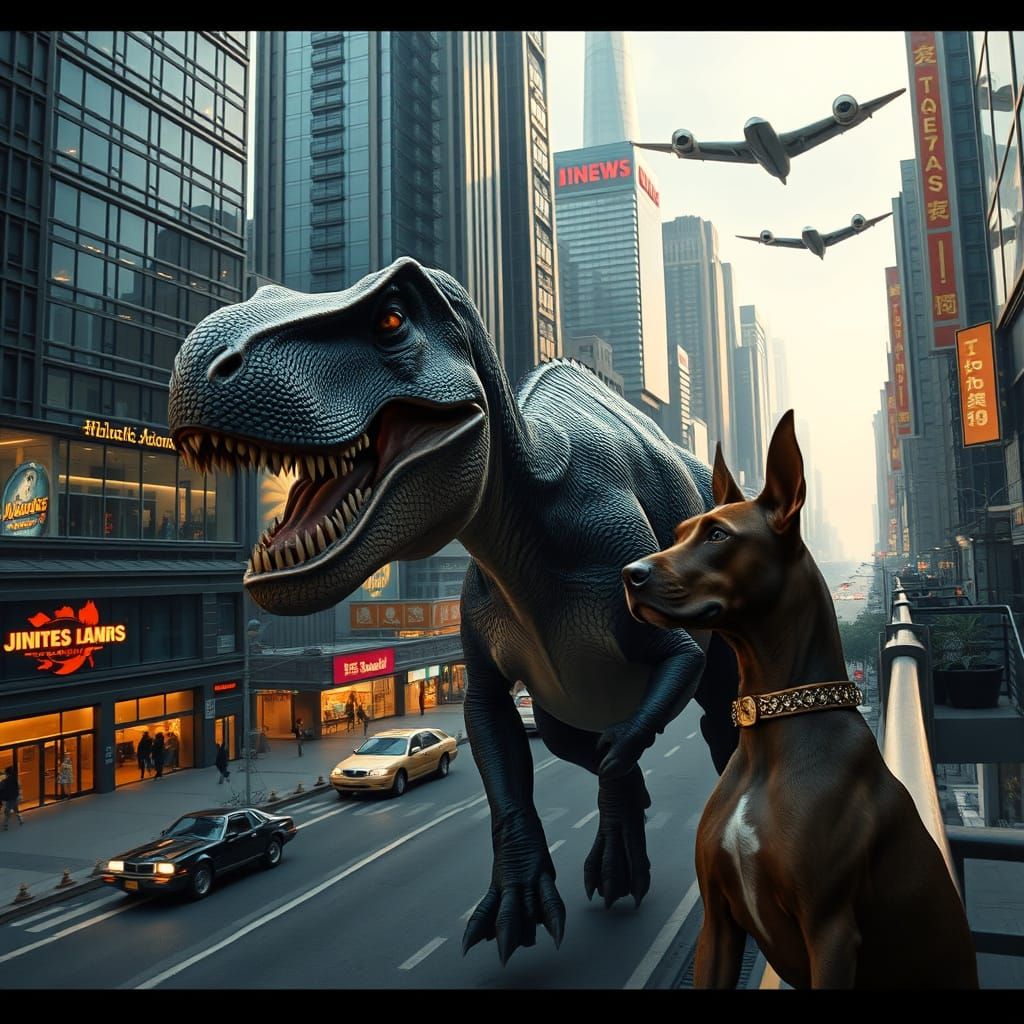 Dinosaur in a Futuristic Cityscape