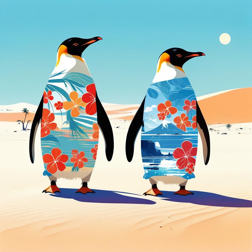 Penguins in Hawaiian Shirts in the Desert