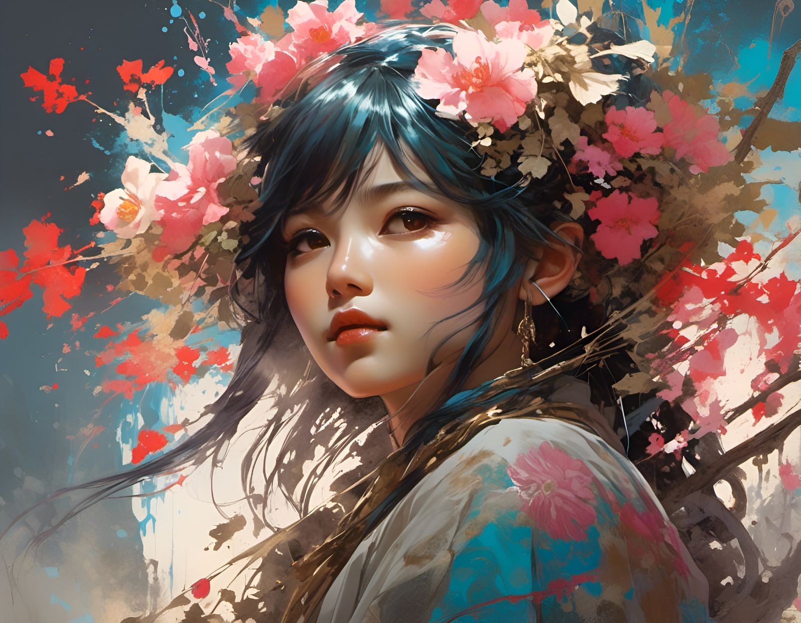 Japanese Girl in Art Nouveau Splash Art