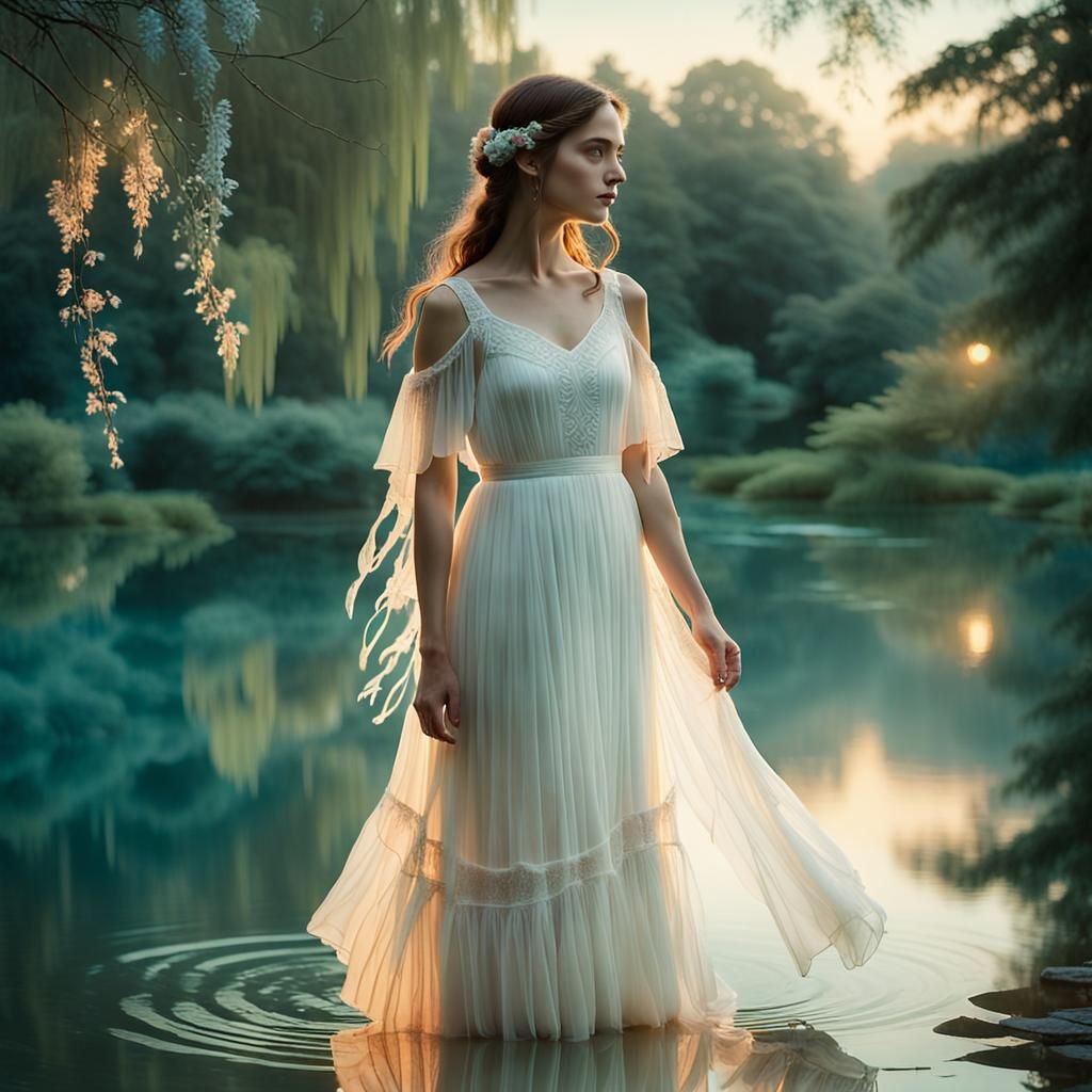 Dreamy Whimsical Lake Scene in a Lush Arboretum