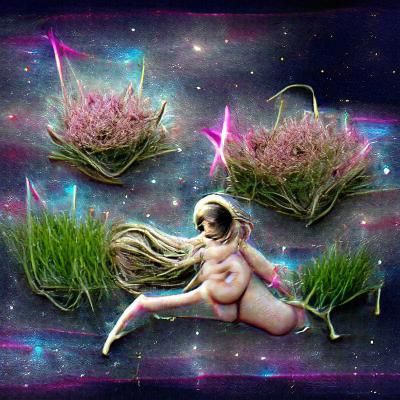 Naked Woman Giving Birth to Star in Space Garden