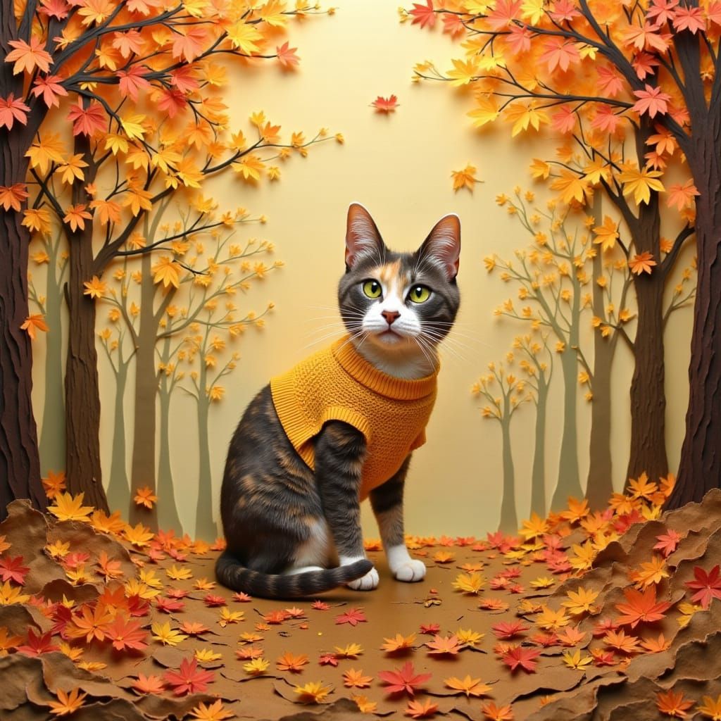 Pearlescent Cat in Autumn Papercut Style